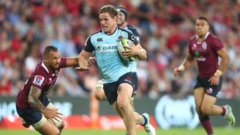 Michael Hooper on his way to scoring for the Waratahs