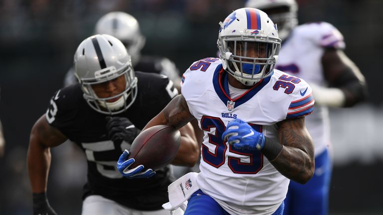 OAKLAND, CA - DECEMBER 04:  Mike Gillislee #35 of the Buffalo Bills rushes with the ball against the Oakland Raiders during their NFL game at Oakland Alame