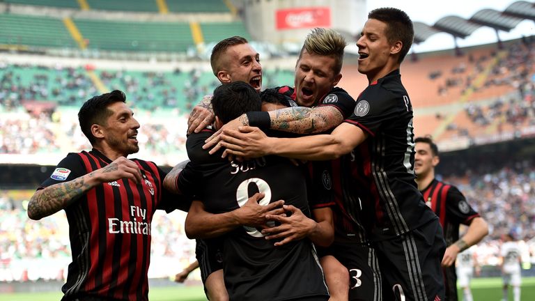 MILAN, ITALY - APRIL 09:  Suso of Milan celebrates after scoring the opening goal during the Serie A match between AC Milan and US Citta di Palermo at Stad
