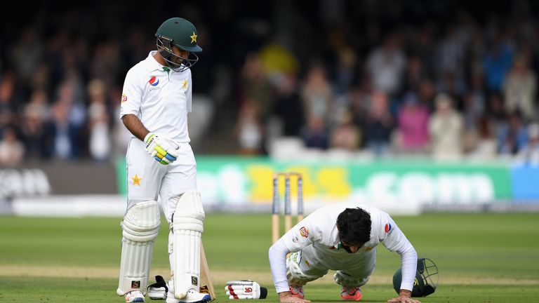 LONDON, ENGLAND - JULY 14:  Pakistan captain Misbah-ul-Haq performs pressups as he celebrates reaching his century during the 1st Investec Test between Eng