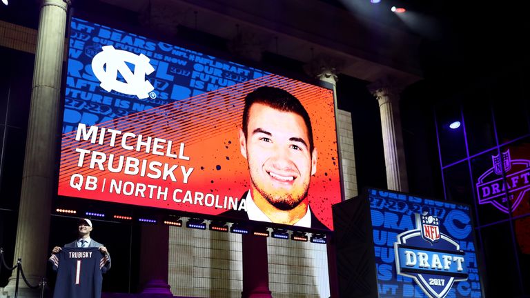 PHILADELPHIA, PA - APRIL 27:  Mitchell Trubisky of North Carolina poses after being picked #2 overall by the Chicago Bears (from 49ers) during the first ro