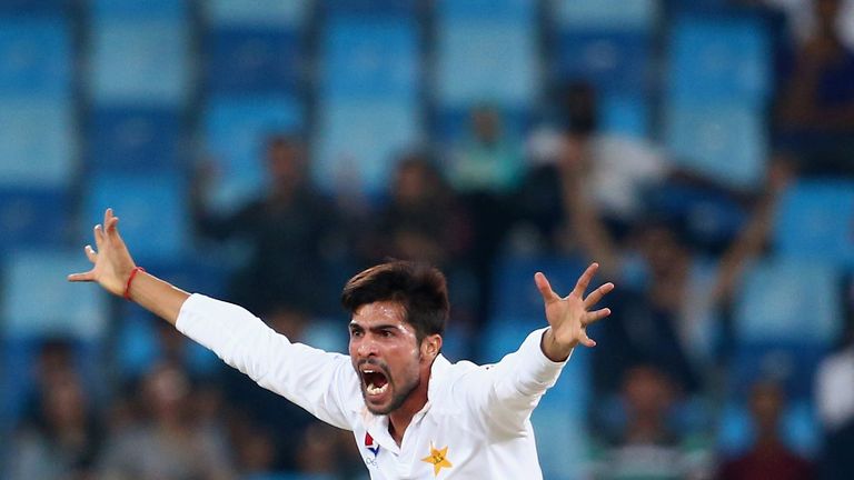 DUBAI, UNITED ARAB EMIRATES - OCTOBER 17:  Mohammad Amir of Pakistan reacts during Day Five of the First Test between Pakistan and West Indies at Dubai Int