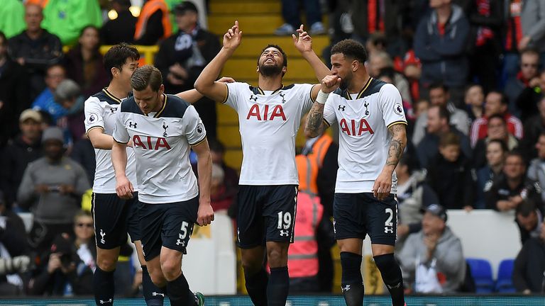 Mousa Dembele celebrates after opening the scoring in the game against Bournemouth