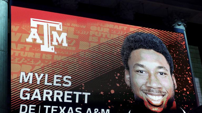 PHILADELPHIA, PA - APRIL 27:  A detailed view of the screen on stage of Myles Garrett of Texas A&M after being picked #1 overall by the Cleveland Browns du