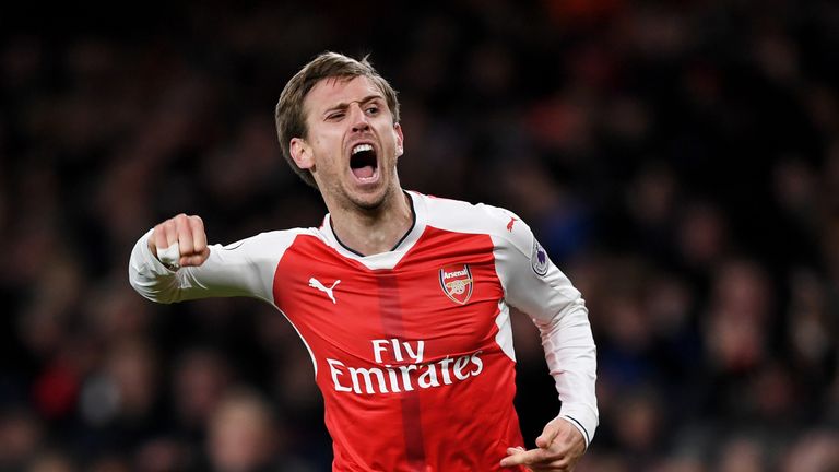 Nacho Monreal celebrates after his shot is deflected off Robert Huth to break the deadlock