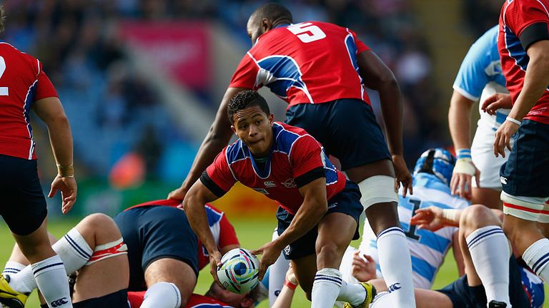 Namibia scrum half Damian Stevens passes the ball during the 2015 Rugby World Cup Pool C match between Argentina and Namibia