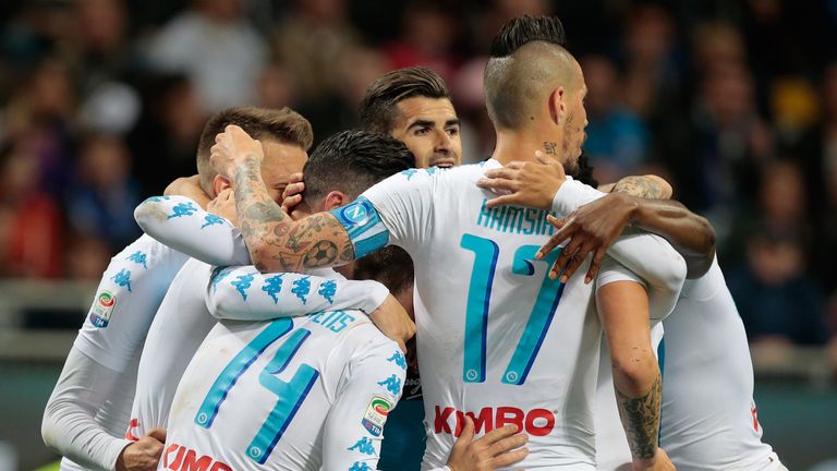 MILAN, ITALY - APRIL 30:  Jose Maria Callejon of SSC Napoli (2nd L) celebrates with his team-mates after scoring the opening goal during the Serie A match 