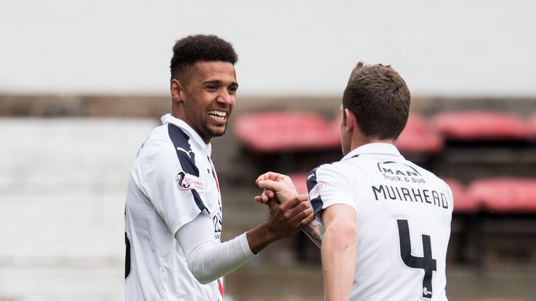 Falkirk's Nathan Austin (L) celebrates his goal with Aaron Muirhead