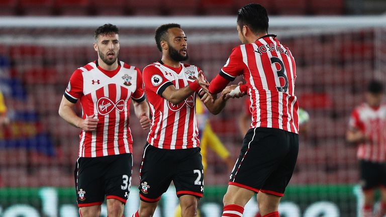 Nathan Redmond of Southampton celebrates scoring his sides first goal with Maya Yoshida of Southampton during the Premier 