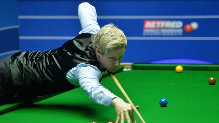 Neil Robertson at the table in his match against Marco Fu on day nine of the Betfred Snooker World Championships at the Crucible Theatre, Sheffield.