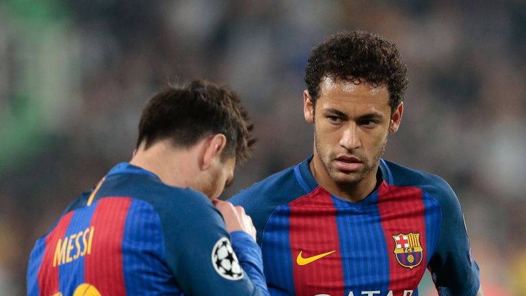 TURIN, ITALY - APRIL 11:  Neymar Jr of FC Barcelona (R) and his teammate Lionel Messi show their dejection during the UEFA Champions League Quarter Final f