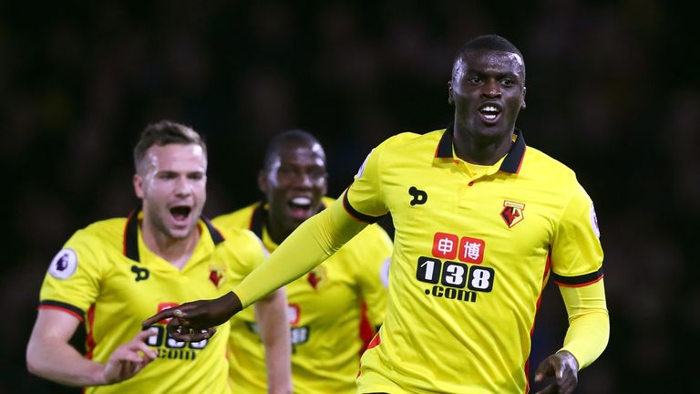 M'Baye Niang of Watford celebrates scoring his side's first goal during the Premier League match between Watford and West Brom