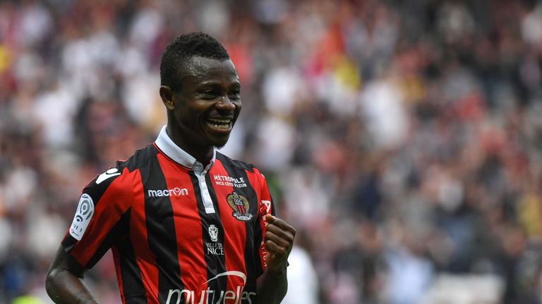 Nice's Ivorian midfielder Jean Michael Seri celebrates after scoring a goal during the French L1 Football match between OGC Nice and AS Nancy Lorraine at t