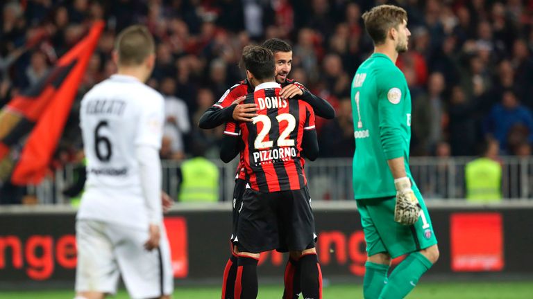 Nice's Greek forward Anastasios Donis celebrates after scoring a goal during the French L1 football match Nice (OGCN) vs Paris Saint Germain (PSG) on April