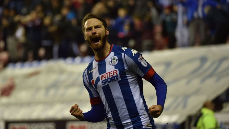 Nick Powell celebrates his third goal in Wigan's 3-2 Sky Bet Championship victory over Barnsley