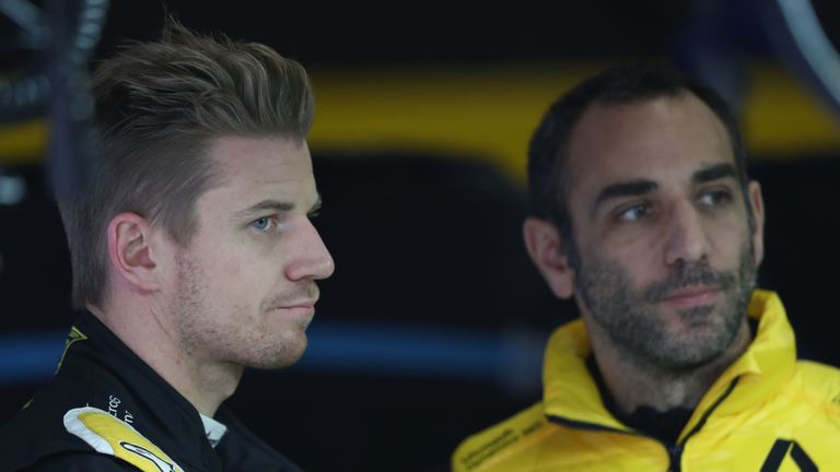 SHANGHAI, CHINA - APRIL 07:  Nico Hulkenberg of Germany and Renault Sport F1 talks with Renault Sport F1 Managing Director Cyril Abiteboul in the garage du