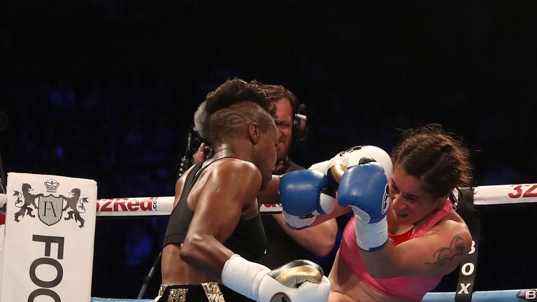 Nicola Adams (left) against Virginia Noemi Carcamp in the International Flyweight Contest at Manchester Arena.