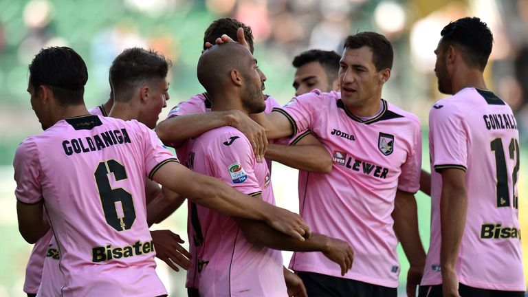 PALERMO, ITALY - APRIL 30:  Haitam Alesaami of Palermo is celebrated after scoring his team's second goal during the Serie A match between US Citta di Pale