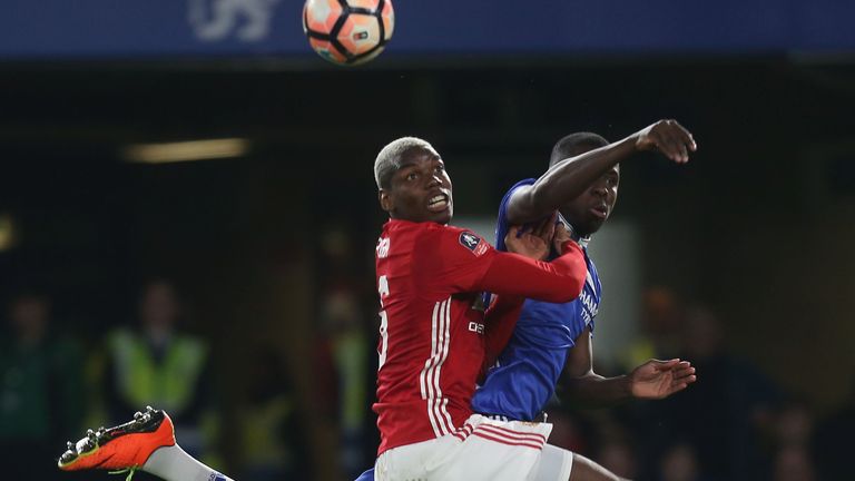 Paul Pogba and Kurt Zouma, Chelsea v Manchester United at Stamford Bridge on March 13, 2017 in London, England