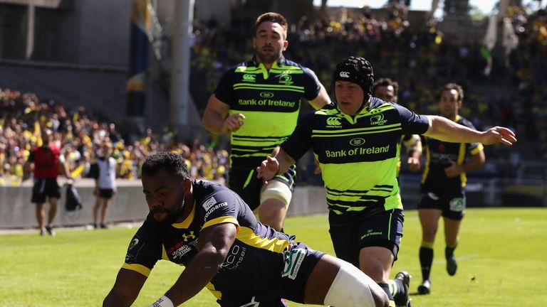 LYON, FRANCE - APRIL 23:  Peceli Yato of Clermont Auvergne dives over for the firs try during the European Rugby Champions Cup semi final match between ASM