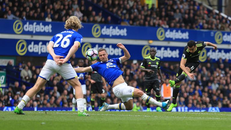 Chelsea's Pedro scores his side's first goal of the game during the Premier League match v Everton at Goodison Park, Liverpool.