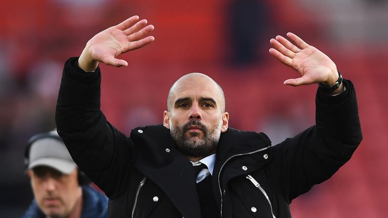 SOUTHAMPTON, ENGLAND - APRIL 15: Josep Guardiola, Manager of Manchester City shows appreciation to the fans after the Premier League match between Southamp