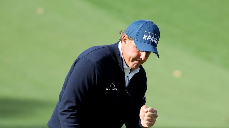 AUGUSTA, GA - APRIL 07:  Phil Mickelson of the United States celebrates a putt for birdie on the tenth hole during the second round of the 2017 Masters Tou
