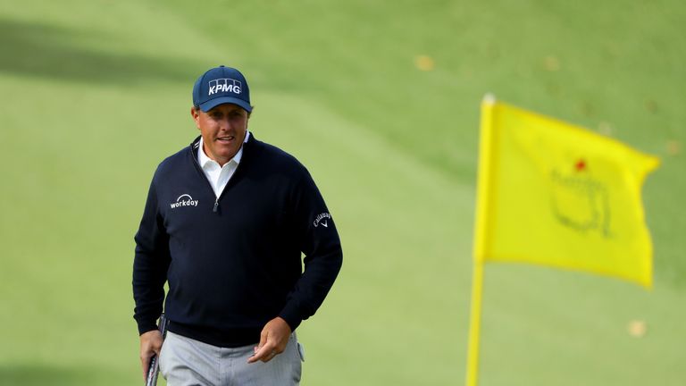 AUGUSTA, GA - APRIL 07:  Phil Mickelson of the United States reacts to his putt on the tenth green during the second round of the 2017 Masters Tournament a