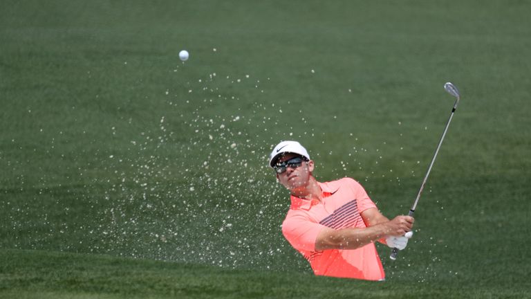 Paul Casey of England plays a shot from a bunker on the second hole during the third round of the 2017 Masters Tournament at Augus