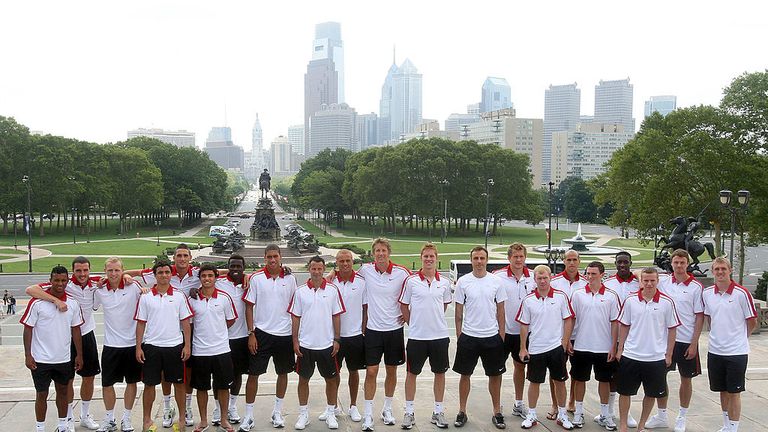The Manchester United squad pose on the steps of the Philadelphia Museum of Art, made famous by Sylvester Stallone in the film "Rocky"