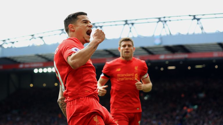 Liverpool's Philippe Coutinho celebrates scoring his side's second goal during the Premier League match at Anfield, Liverpool.