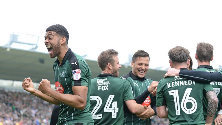 Jake Jervis celebrates scoring Plymouth Argyle's second goal of the game at Home Park
