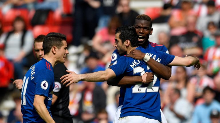 Paul Pogba congratulates Henrikh Mkhitaryan after he scored Man Utd's second goal against Sunderland