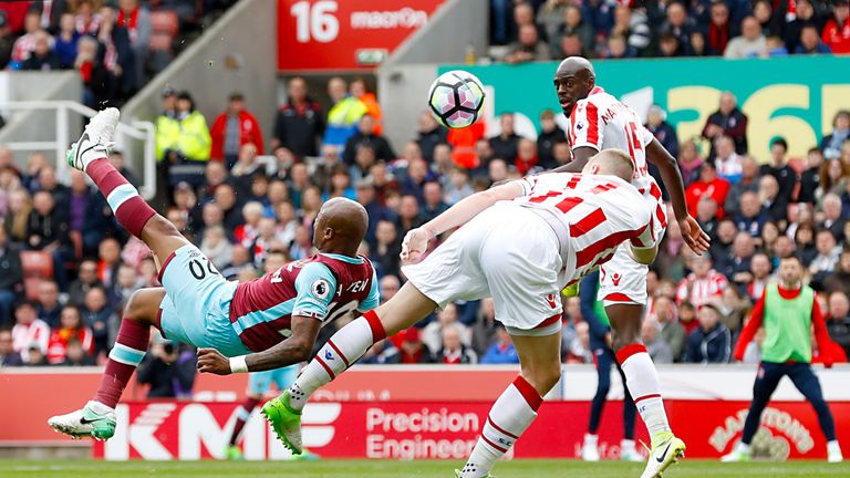 West Ham United's Andre Ayew makes an overhead kick during the Premier League match at the bet365 Stadium, Stoke