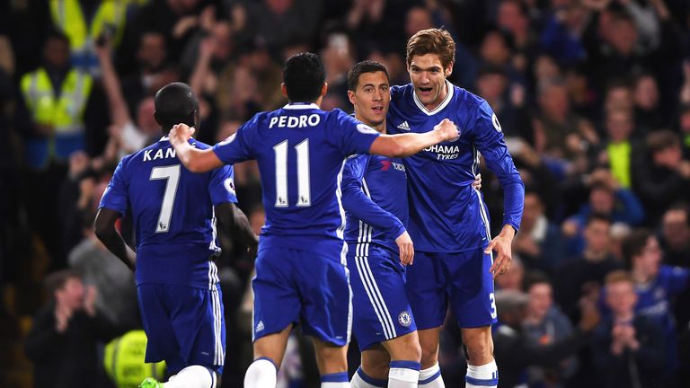 Eden Hazard celebrates after scoring the opening goal of the game at Stamford Bridge