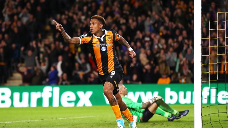 Abel Hernandez turns away from goal after scoring a third for Hull City