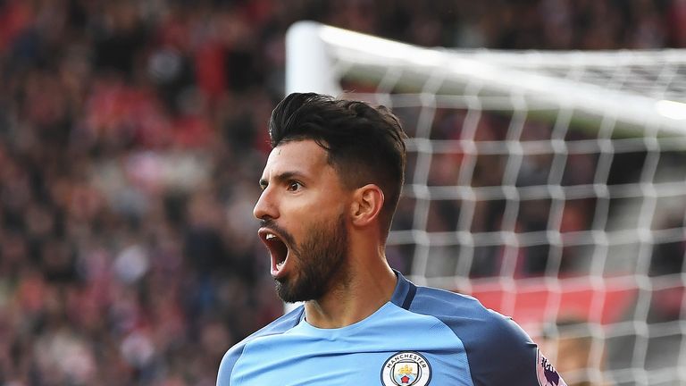 Sergio Aguero celebrates scoring Manchester City's third goal