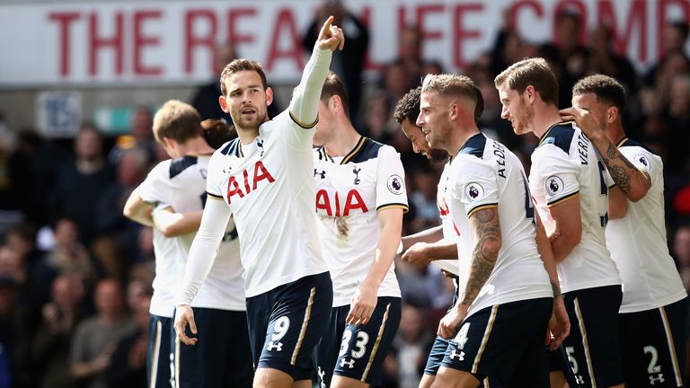 Vincent Janssen celebrates after scoring a fourth for Tottenham in injury-time
