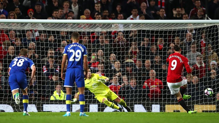 Zlatan Ibrahimovic of Manchester United scores his side's first goal from the penalty spot during the Premier League match v Everton