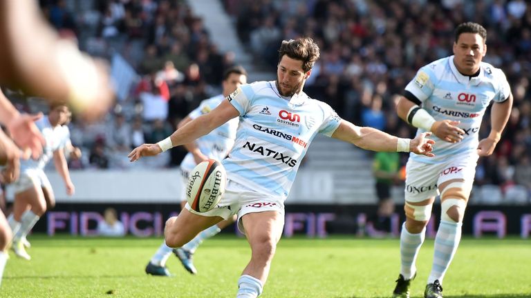 Racing's captain Maxime Machenaud kicks the ball during the French Top 14 rugby union match between Stade Toulousain and Racing 92 on April 16, 2017 at the