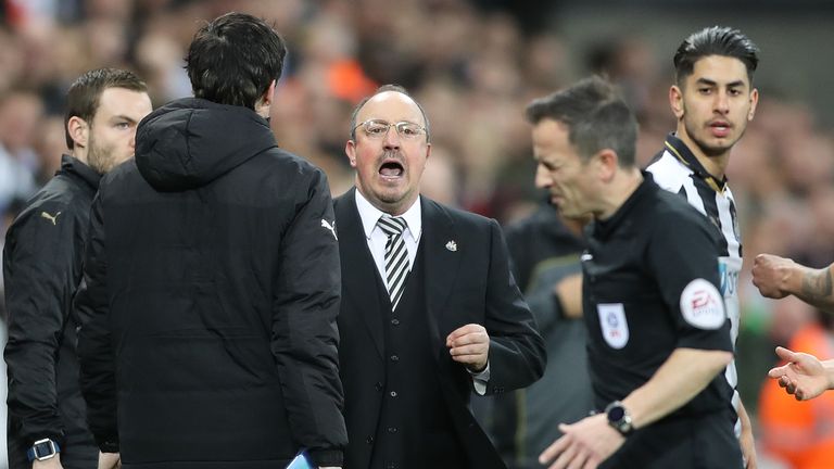 Rafa Benitez remonstrates with ref Stroud over the penalty incident