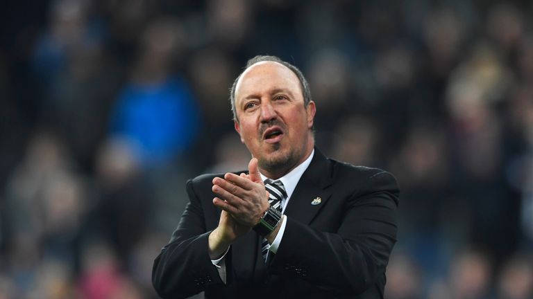 NEWCASTLE UPON TYNE, ENGLAND - APRIL 24:  Rafa Benitez manager of Newcastle United celebrates victory and promotion after the Sky Bet Championship match be