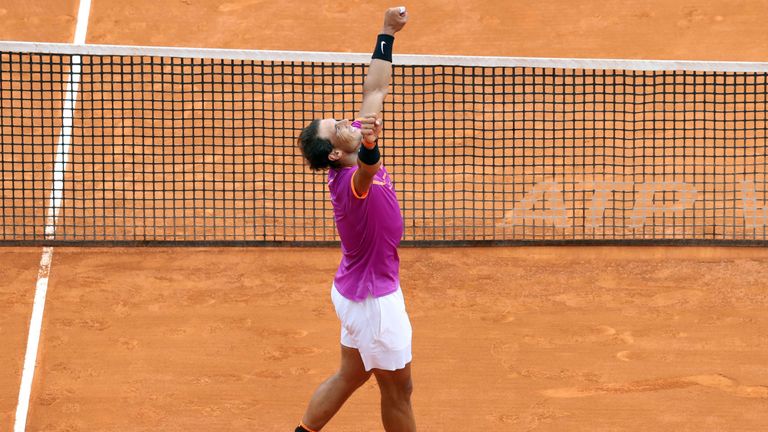 Spain's Rafael Nadal celebrates after winning against Spain's Albert Ramos Vinolas during the Monte-Carlo ATP Masters Series Tournament final tennis match,