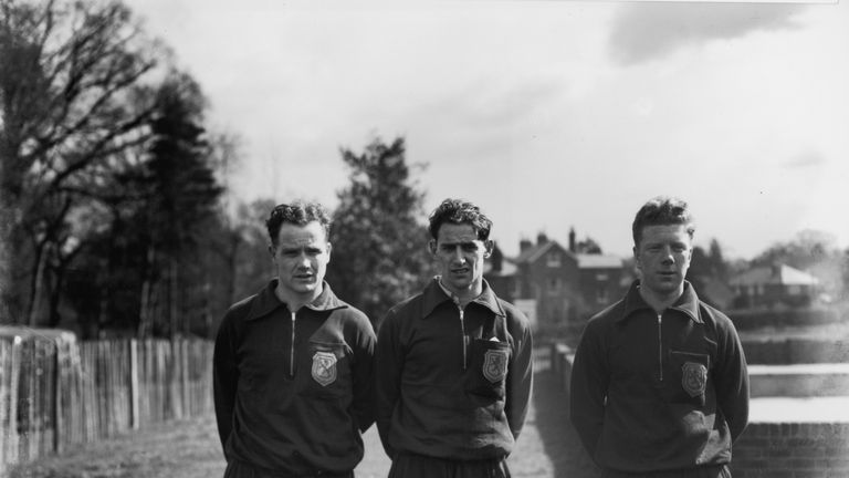 7th July 1949:  Scottish football internationals, left to right : W Thornton and S Cox of Glasgow Rangers with R Evans of Celtic