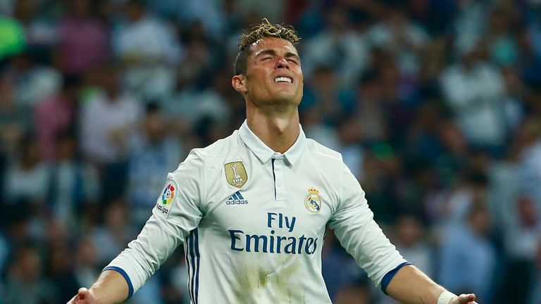 MADRID, SPAIN - APRIL 23:  Cristiano Ronaldo of Real Madrid reacts during the La Liga match between Real Madrid CF and FC Barcelona at Estadio Bernabeu on 