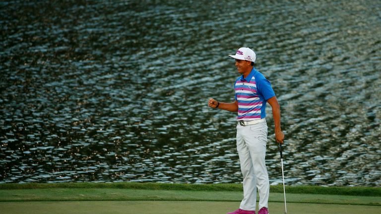 PONTE VEDRA BEACH, FL - MAY 10:  Rickie Fowler celebrates as he wins the playoff in the final round of THE PLAYERS Championship at the TPC Sawgrass Stadium