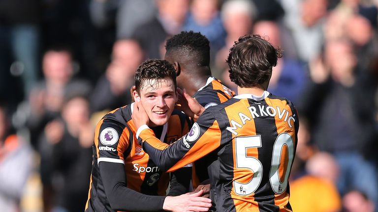 HULL, ENGLAND - APRIL 01: Andrew Robertson of Hull City (L) celebrates scoring his sides first goal with Lazar Markovic of Hull City (R) during the Premier
