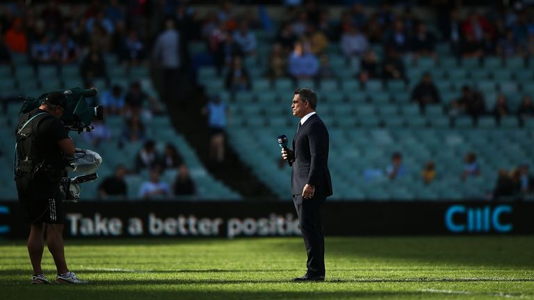 SYDNEY, AUSTRALIA - APRIL 02:  Rod Kafer prepares to speak on fox sports prior to the round six Super Rugby match between the Waratahs and the Crusaders at