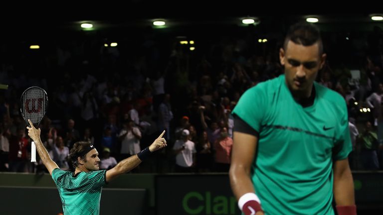 KEY BISCAYNE, FL - MARCH 31:  Roger Federer of Switzerland celebrates defeating Nick Kyrgios of Australia in the semi finals at Crandon Park Tennis Center 