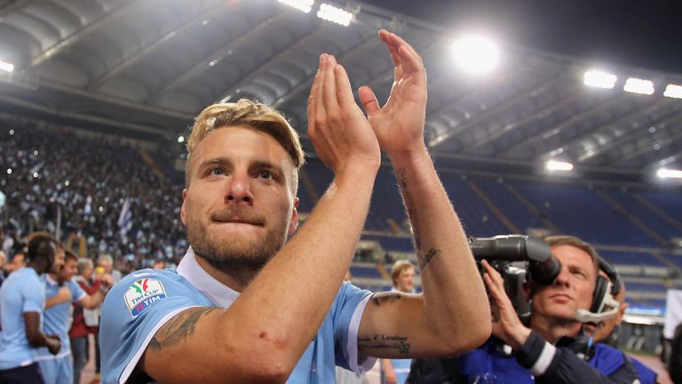 Ciro Immobile celebrates after Lazio edge past rivals AS Roma to reach the Coppa Italia final